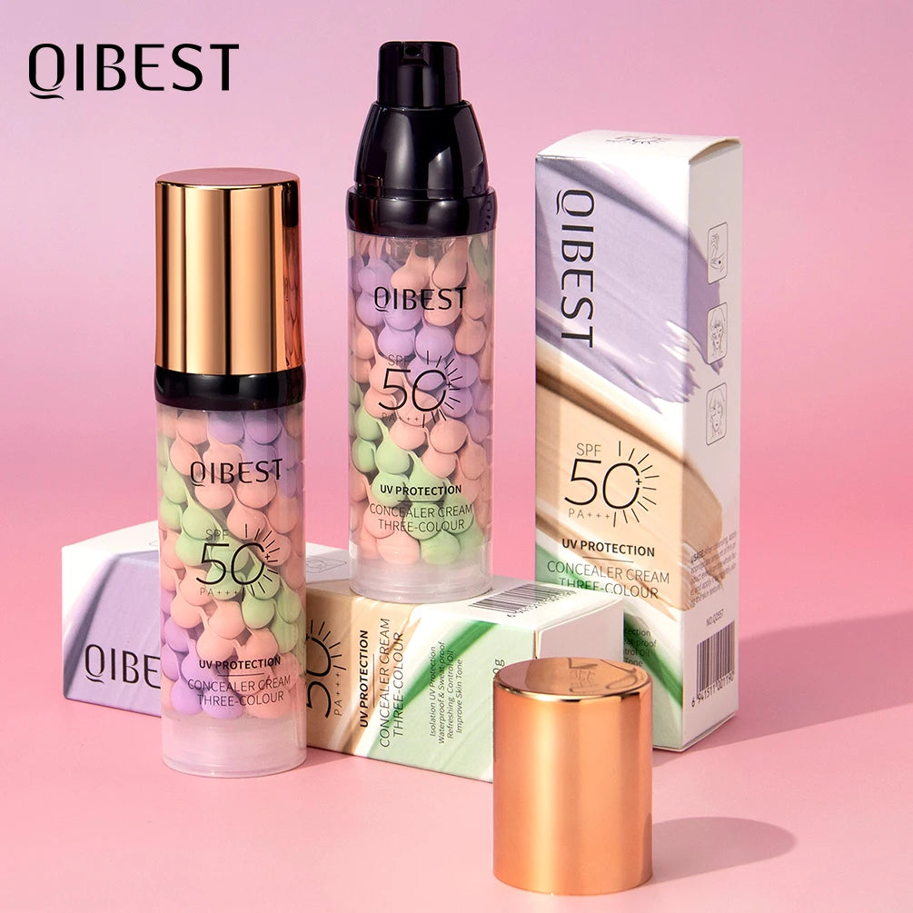 Qibest Three Color Press Release Cream Concealer Isolate Makeup Facial Base Brightening Cream Liquid Concealer Face Primer Qme