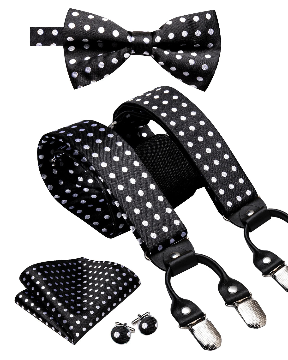 Hi-tie Silk Men's Suspender Metal 6 Clips Braces Bow Tie Hankerchief