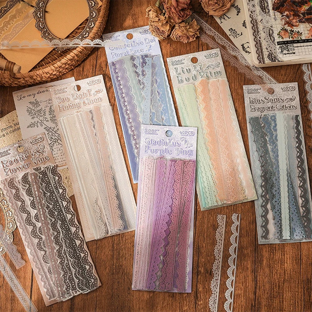 40 pcs Lace Stickers Cute Aesthetics Decor Collage Junk Journal Scrapbooking Supplies Self Adhesive Creative Stationery Sticker Qme