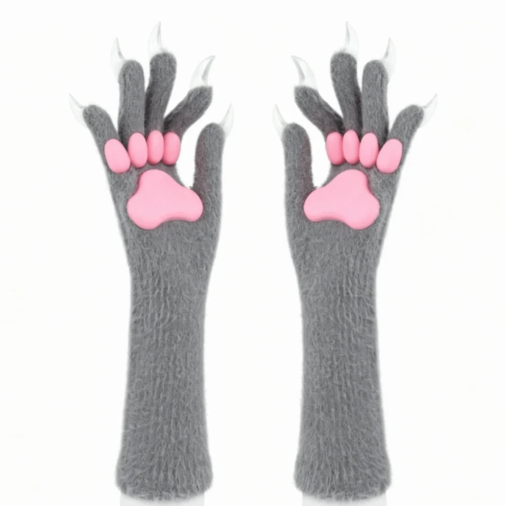 Long Cat Claw Gloves Furry Cute Animal Hand Silicone Paw Pads Cosplay Qme Grey