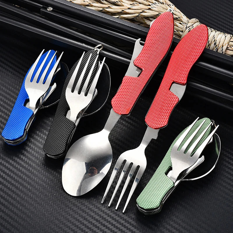1 Tableware Foldable Stainless Steel Fork Spoon Knife Bottle Opener Qme