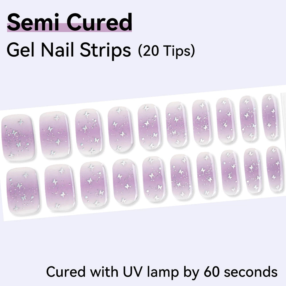 20Tips Shinning Star Semi-cured Gel Nail Wraps Full Cover Sparkly Qme NC240025