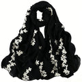 Floral Pattern Embroidered Hijab Breathable Lightweight Thin Fabric Shawl Soft Edged Gentle Ethnic Long Foulard Casual Stole Qme Black