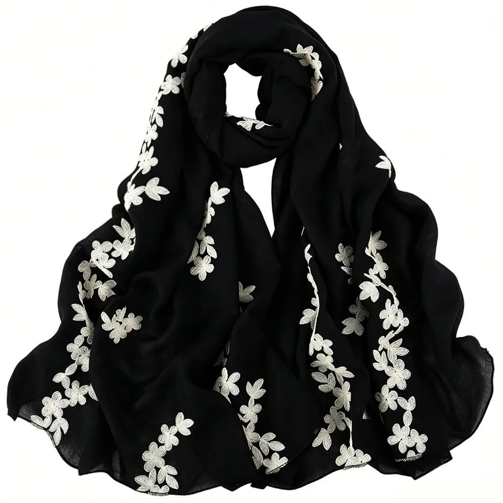 Floral Pattern Embroidered Hijab Breathable Lightweight Thin Fabric Shawl Soft Edged Gentle Ethnic Long Foulard Casual Stole Qme Black