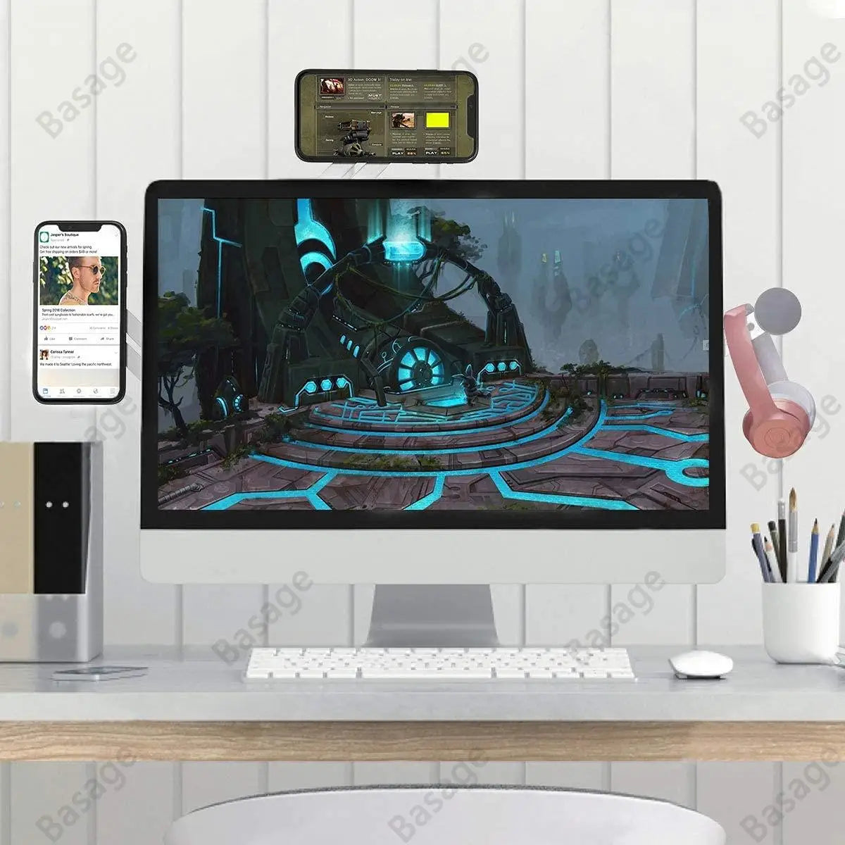 Magnetic Laptop Phone Holder Computer Monitor Side Cell Phone Slim& Foldable For iPhone 14/13/12 Series Case and All Phone Qme