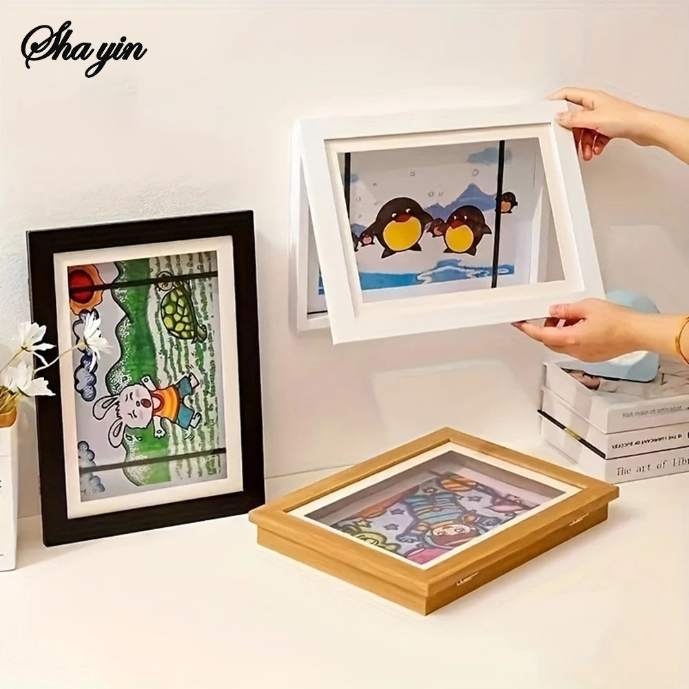 Flip Up Wooden Photo Frame, Magnetic Suction Frame, A4 Children's Photo Frame, Storage Frame, Art Work Certificate Frame Qme