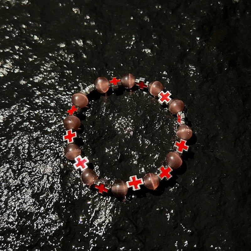 Fashion Cross Beaded Bracelets For Women Men Ins Style Cat's Eye Stone Couples Bracelets Qme A7