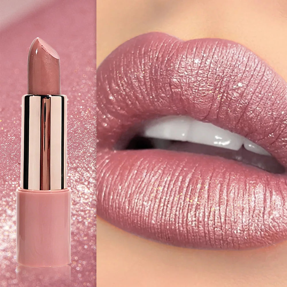JUJU DREAM Nude Pink Rose Gold Shimmer Lipstick Metallic Glitter Qme