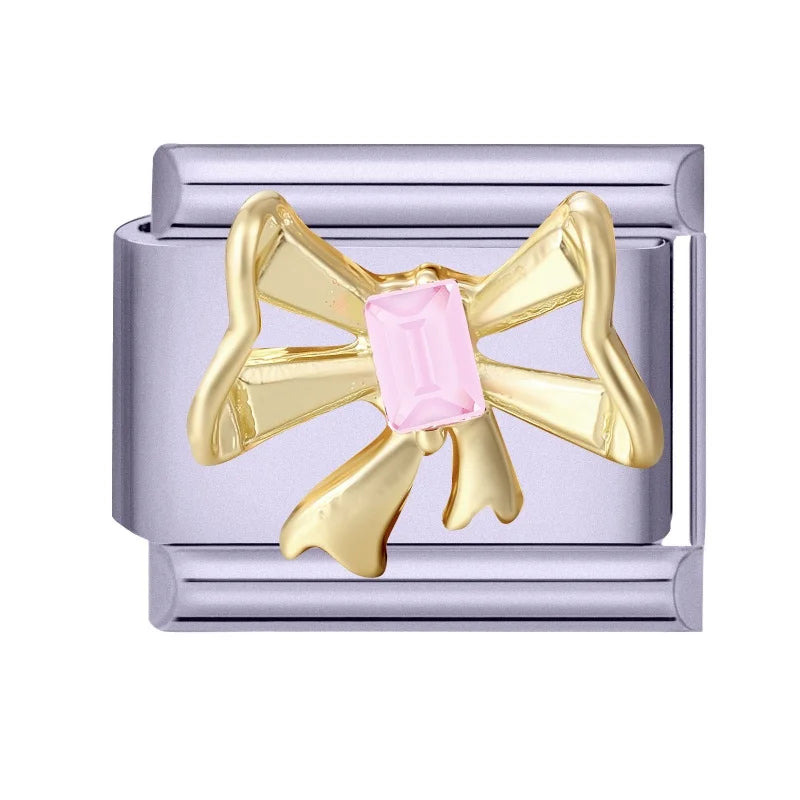 Sweet Shiny Gold Color Zircon Bow Moon Cherry Star Italian Charm Links Fit 9mm Stainless Steel Bracelet Women Jewelry DIY Making Qme Style 29