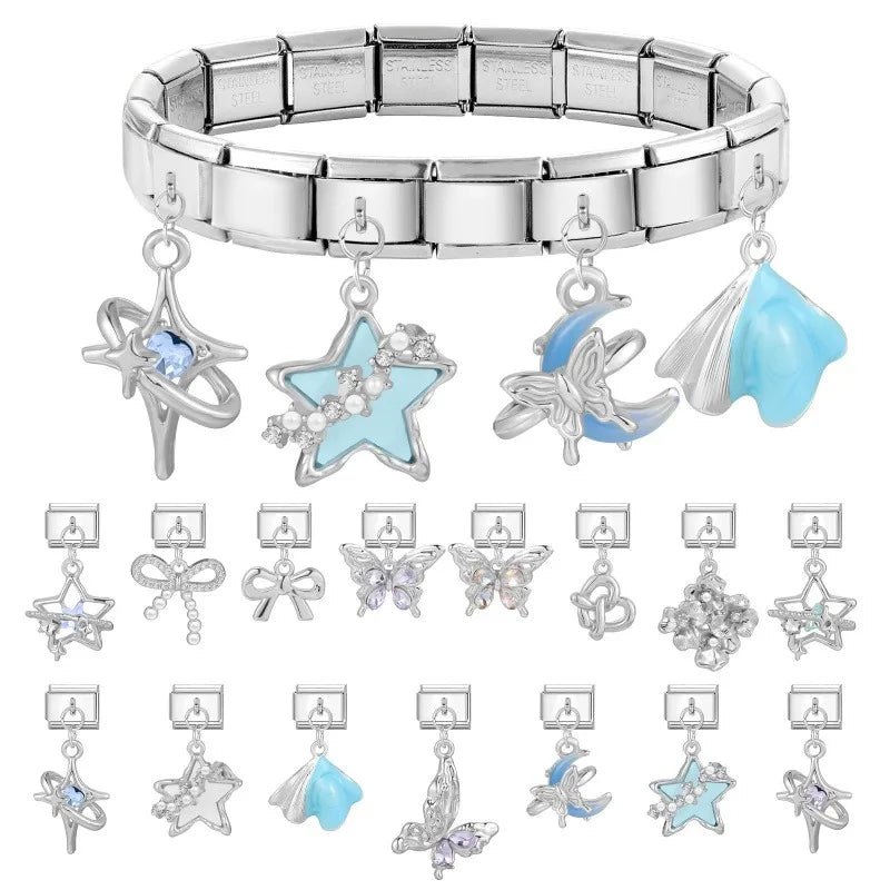 Fashion Blue Sereis Star Pearl Moon Butterfly Italian Charm Links Fit 9mm Stainless Steel Bracelet Women Jewelry DIY Making Gift Qme