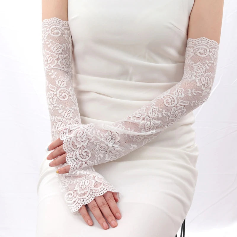 1 Pair Fashion Gloves Lace UV Protection Arm Sleeve Sunscreen Women Qme WHITE