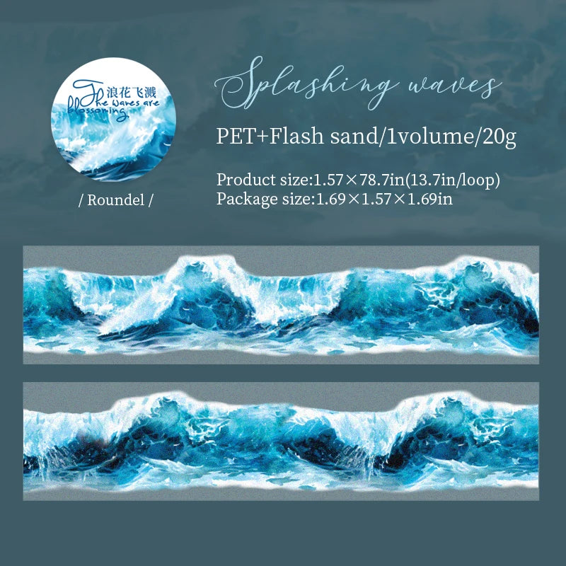 40mm*2m Ocean Wave Theme PET Tape INS Masking Adhesive Creative Decor Scrapbook supplies DIY Planner office stationery Stickers Qme C