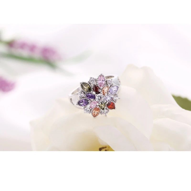 Ring Fashion 925 Sterling Silver Color Jewelry Colourful Cubic Zirconia Flower Design Cute Style Women Girls Party Engagement Qme