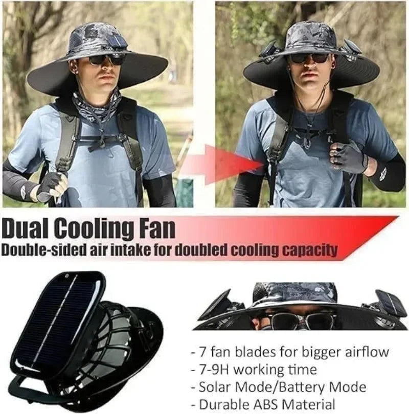 Solar Fan Bucket Hat Lightweight Breathable Wide Brim for Beach Gardening Hiking Rechargeable Via Sun or USB Cable for Men Women Qme