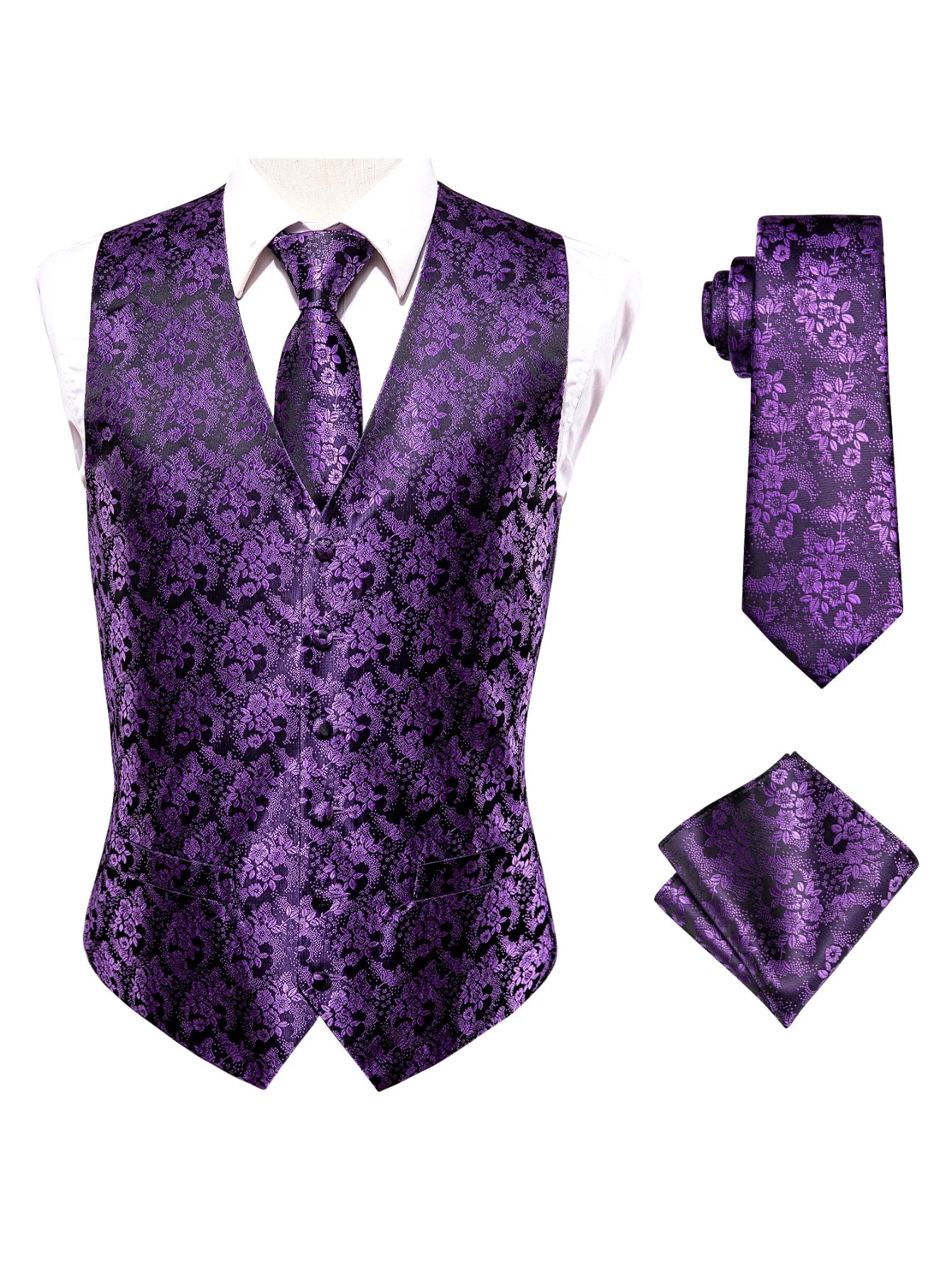Purple Men Vest Three-Piece Suit Set, Dress Waistcoat with Tie and Pocket Square for Party Ceremony Qme MJ-0015 XL