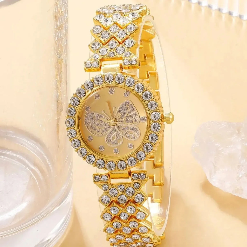 2 Pçs/set Moda Borboleta Dial Mulheres Relógios Luxo Strass Quartzo Relógio de Pulso Pulseira Conjunto Qme