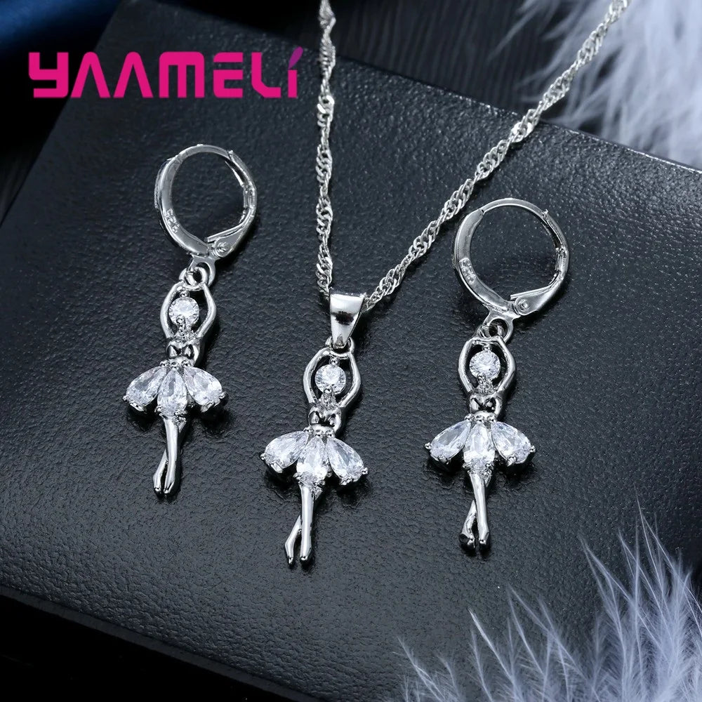 High-End Women Jewelry Sets Ballet Girls Figure Lady Usual 925 Sterling Silver Color Necklace And Hoop Earrings Accessory Qme
