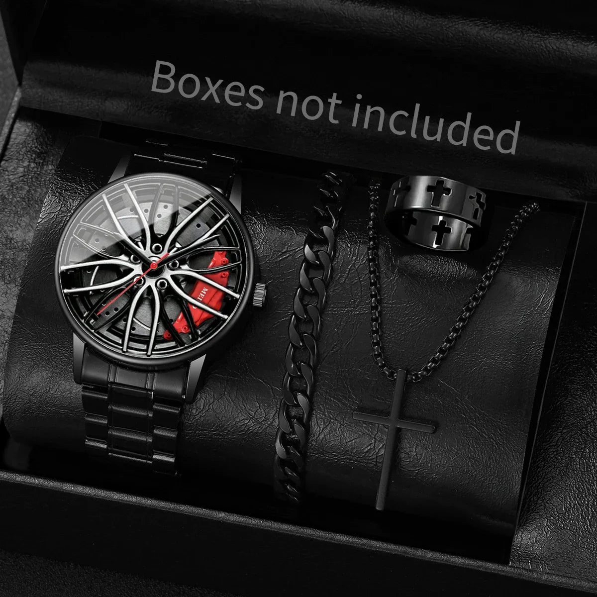 4 pçs/set moda 3d roda de carro dial masculino relógio esportivo luxo banda aço inoxidável relógios quartzo conjunto jóias Qme Red