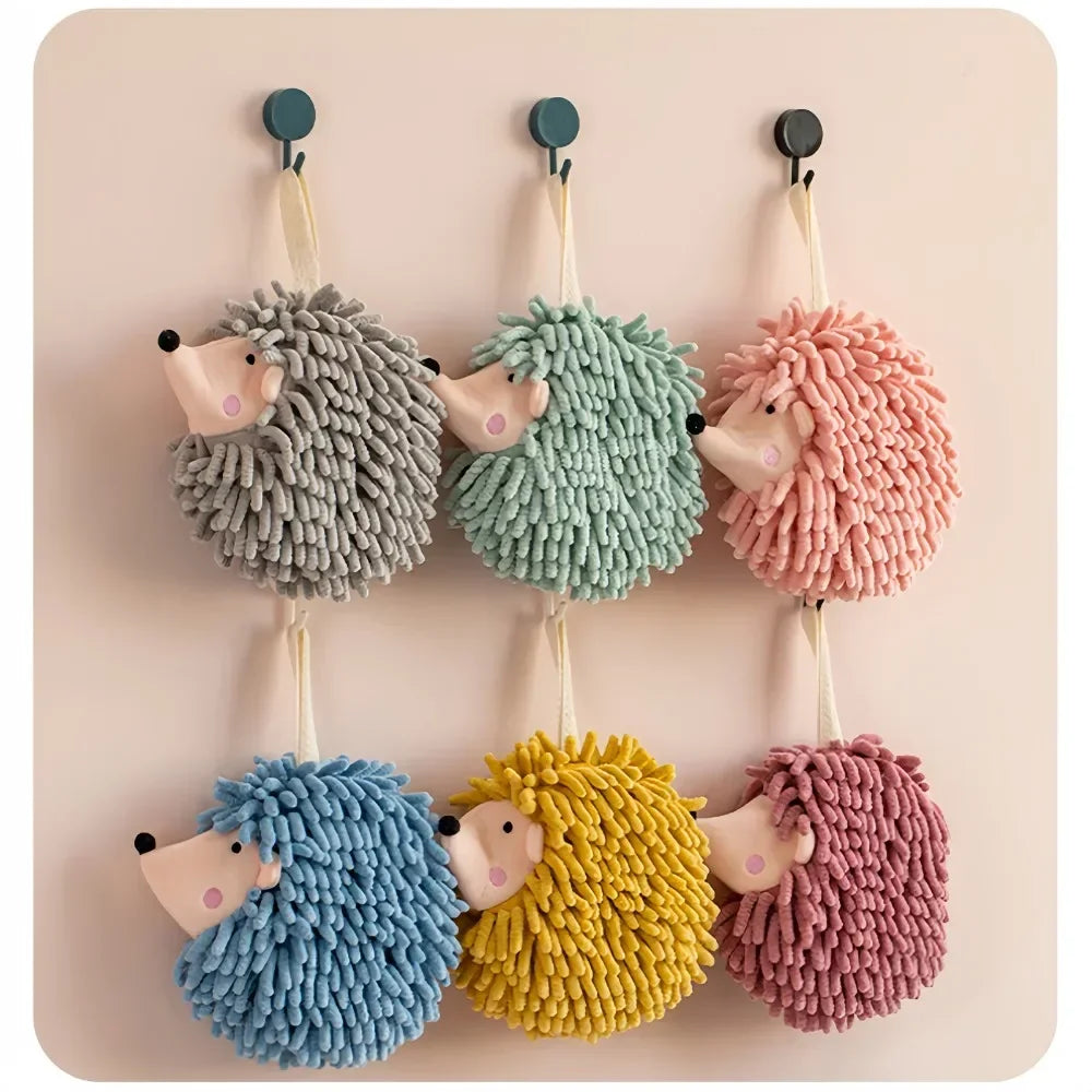 Chenille Fuzzy Ball Hand Towels Hedgehog Cartoon Towels Absorbent Funny Hanging Hand Drying Towel with Loop for Bathroom Kitchen Qme