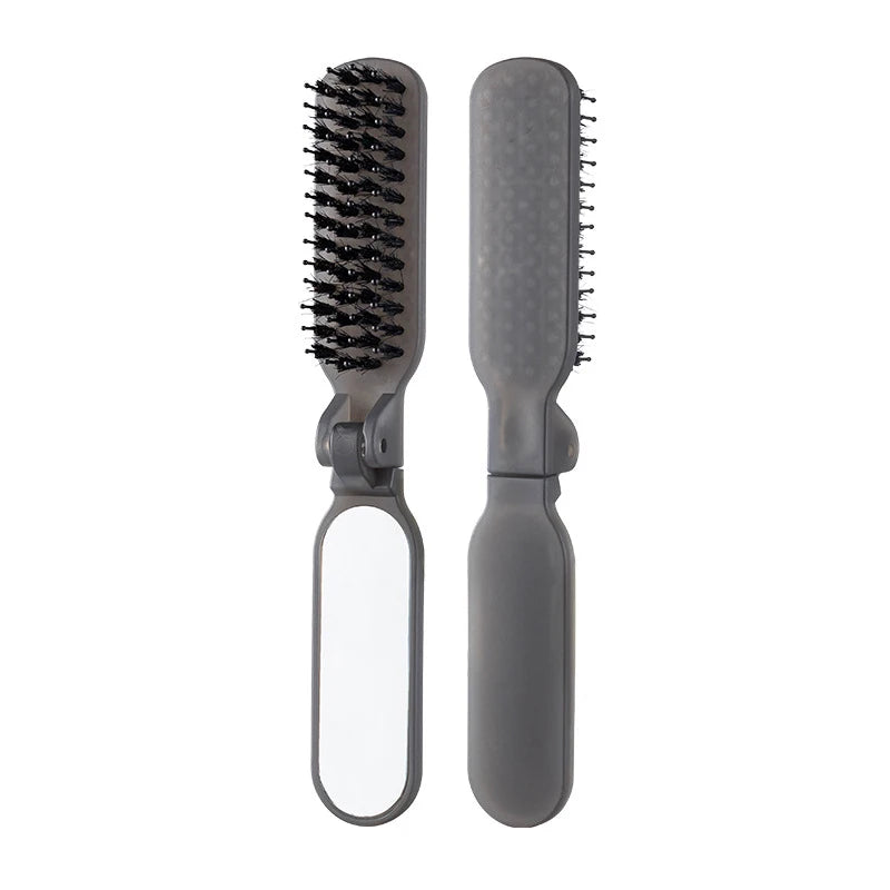 Mane Bristle Hair Brush Foldable Portable Comb Mirror Pocket Qme Gray
