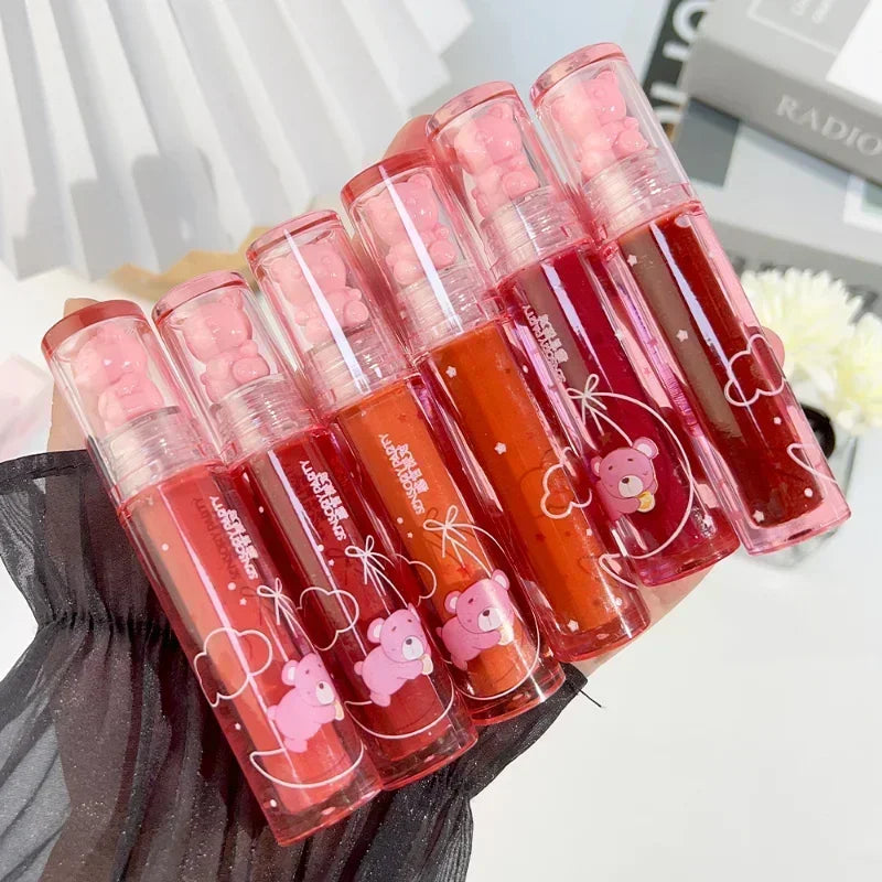 Cute Pink Bear Water Light Lip Gloss Lasting Crystal Glossy Lip Glaze Mirror Nude Liquid Lipstick Women Lips Makeup Cosmetics Qme