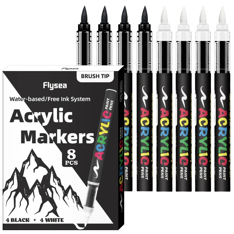 8Pcs Black/White Colors Acrylic Paint Pens Markers Brush Tip Paint Markers for Rock Painting Wood Stone Glass Gift DIY Crafts Qme 4black 4white