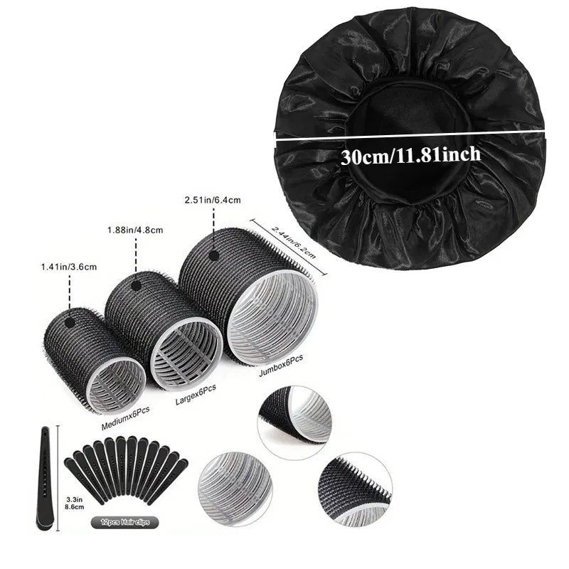 Heatless Hair Curlers 18 Self Grip Rollers 12 Clips Satin Nightcap Qme