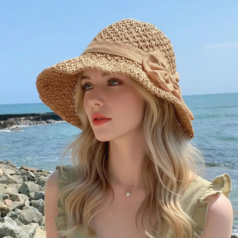 Wide Brim Floppy Beach Sun Hat Hundred Throw Bucket Cap Bowknot Girls Qme