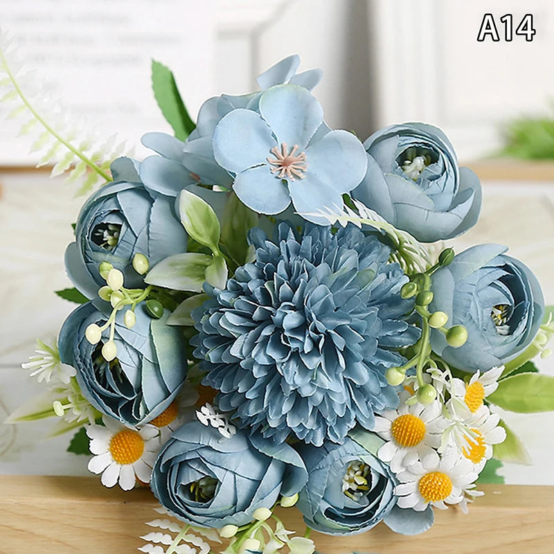 Artificial 1PC Flowers Wedding Home Bedroom Decoration Bridal Bouquet Garden Fake Silk Roses Hydrangeas Vase For Board Outdoors Qme style 20