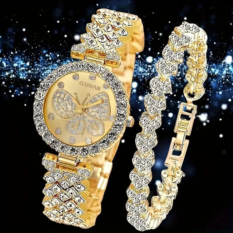 New Women's Watch Butterfly Series Fashion Style Versatile Personality Full Diamond English Steel Belt Watch Qme Gold 1
