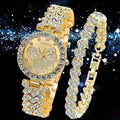 New Women's Watch Butterfly Series Fashion Style Versatile Personality Full Diamond English Steel Belt Watch Qme Gold 1