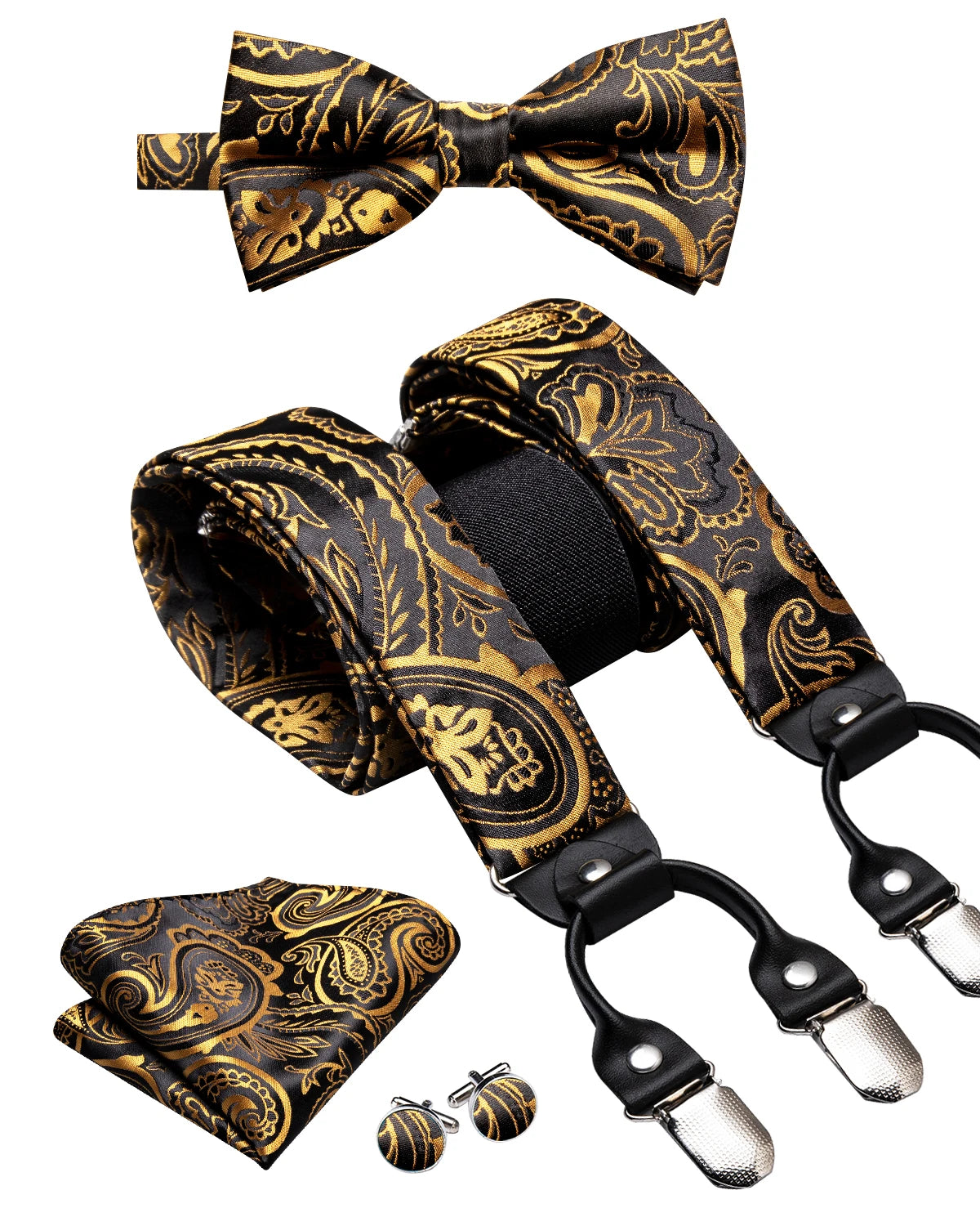 Hi-tie Jacquard Woven Silk Gold Mens Suspender Braces Bow Tie Hanky