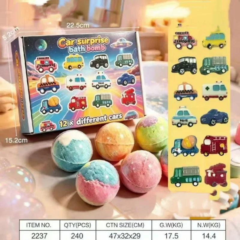 12pcs Kids Bath Bombs Set 60g Each with Surprise Toy Inside Natural Bubble Bath Fizzy Ball for Children Spa Bathtime Gift Qme automobile 60g