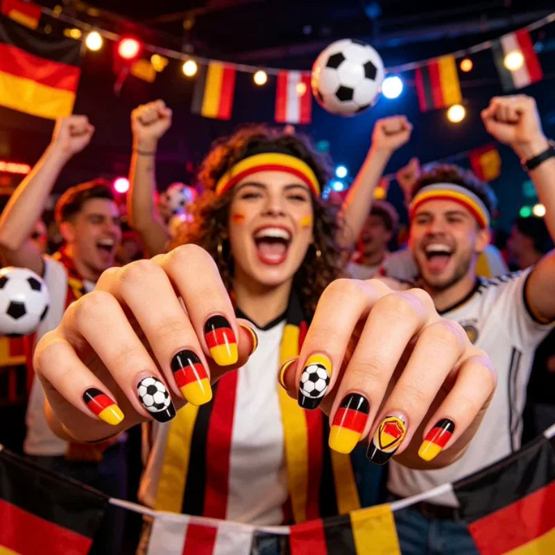 Germany Press On Nails Football Theme Fake Nails Waterproof Full Cover Nail Tips For Fans Qme