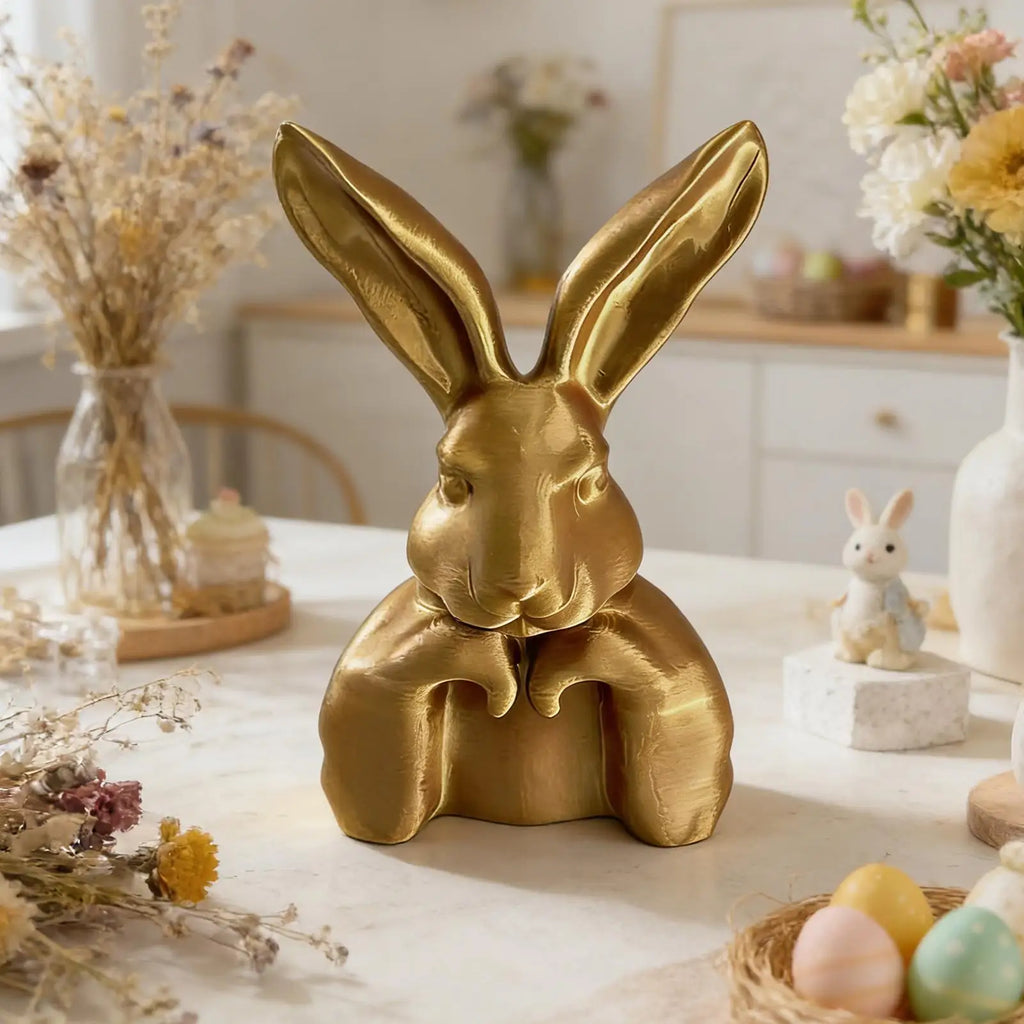 Bunny Figurines 3D Printed Decorative Sculpture Gold Decor Home Qme