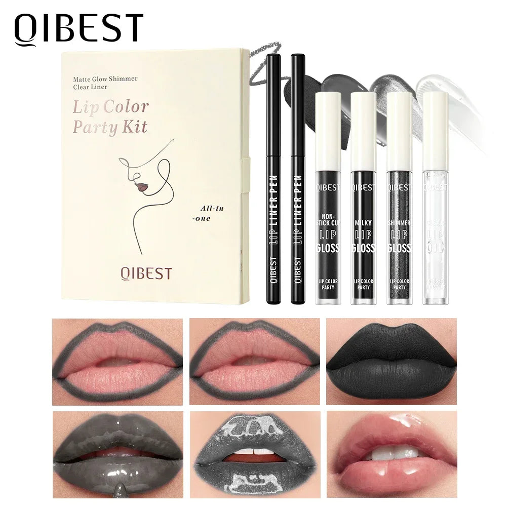 QIBEST Multi-Use Lip Makeup Sets Include 2 Lipliner,1 Liquid Lipstick,2 Mirror Lip Glaze And 1 Lip Oil Cosmetics Lipgloss Tint Qme 07