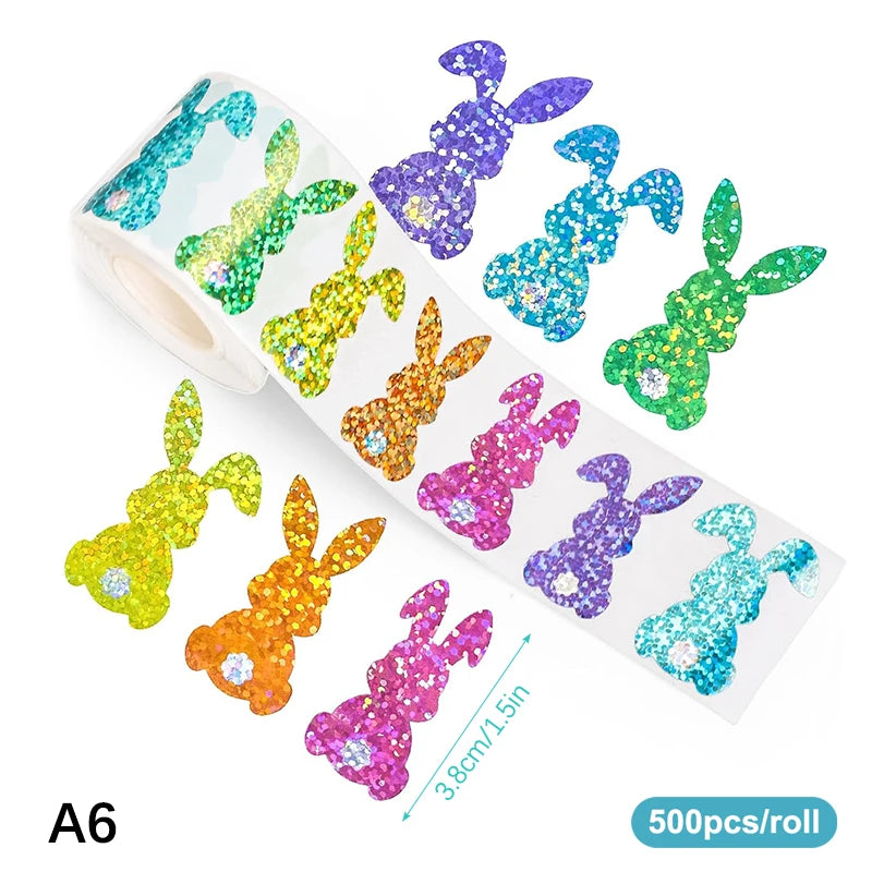 500pcs/roll Easter Bunny Carrot Stickers Holographic Waterproof Stickers For Easter Egg Hunt, Party Decorations, Scrapbooking Qme A6