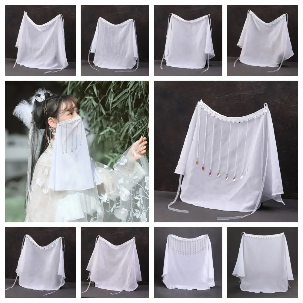 Elegant Ancient Headwear Hanfu Face Veil Crystal Tassel Covering Qme