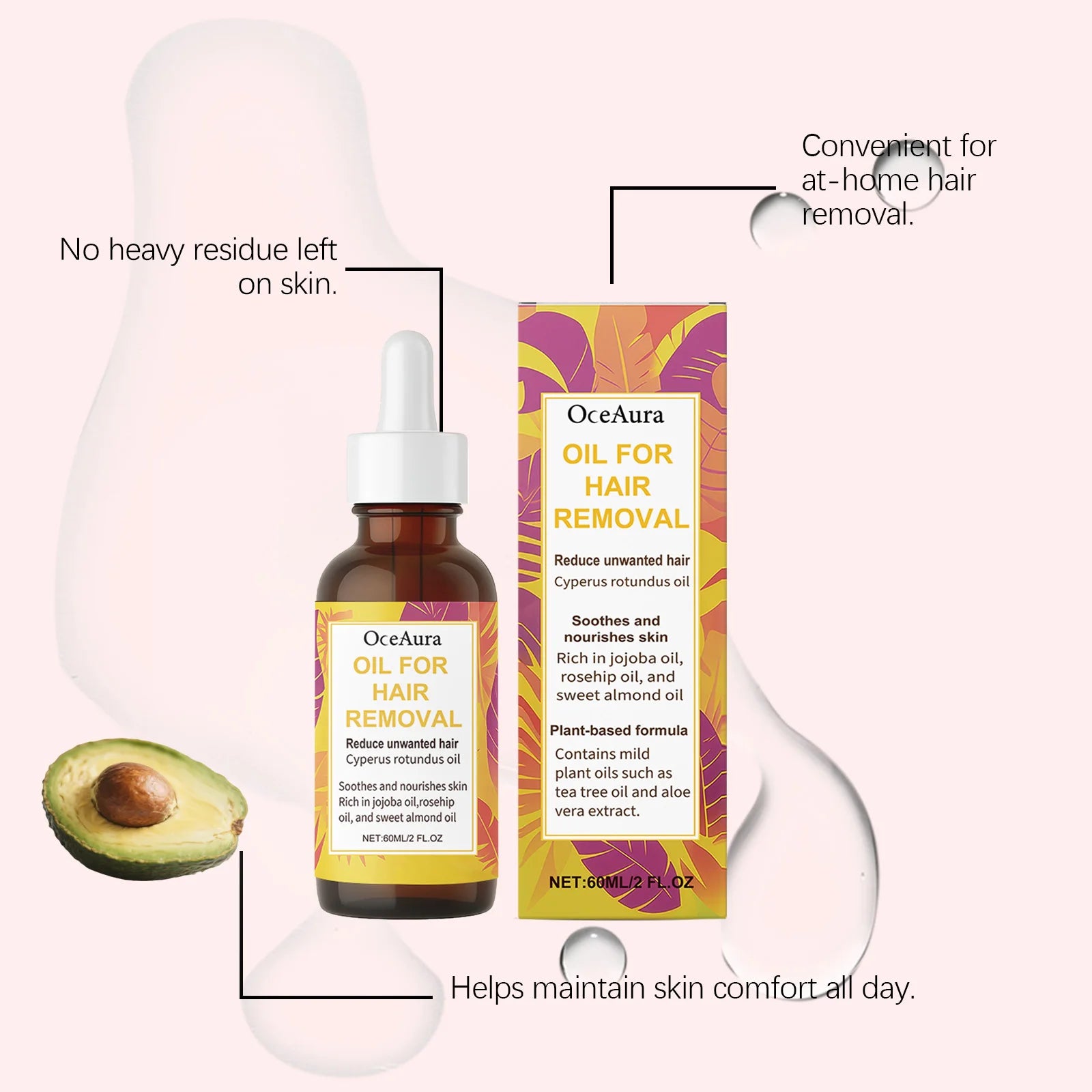 OceAura Hair Removal Oil For Arms Legs Armpits Plant Extract Containing Moisturizing Non-Greasy Soothing Hair Removal Serum 60mL Qme