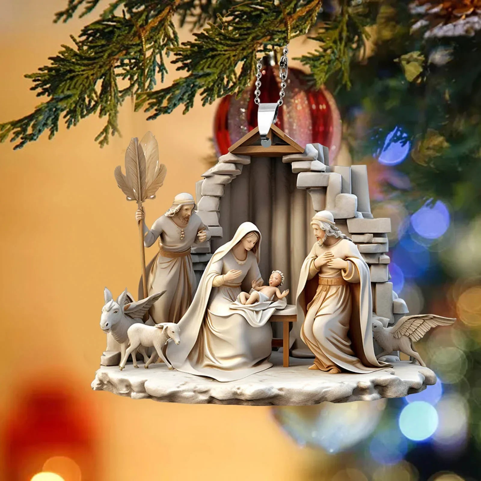 Christmas Tree Jesus Pendant Ornament Family Prayer Scene Pendant Bright Colored Car Decoration Pendant Home Decorations Qme
