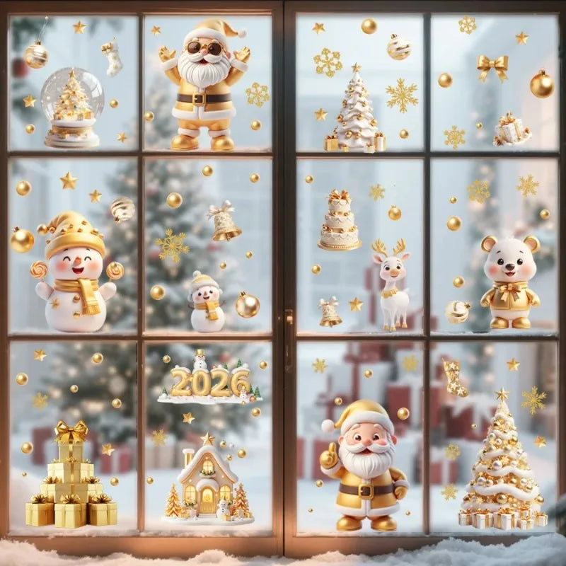 Golden Santa Snowman Window Stickers Reusable Static Cling Decals Qme