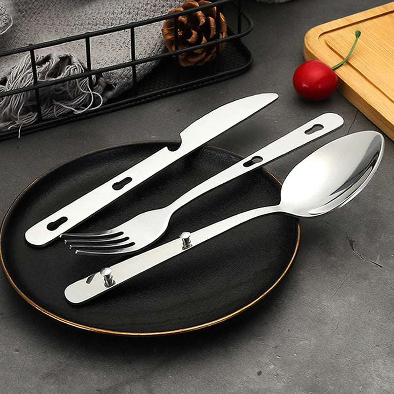 Tableware Fold Knife Utensil Spoon Portable Stainless Steel Fork Qme 3pcs
