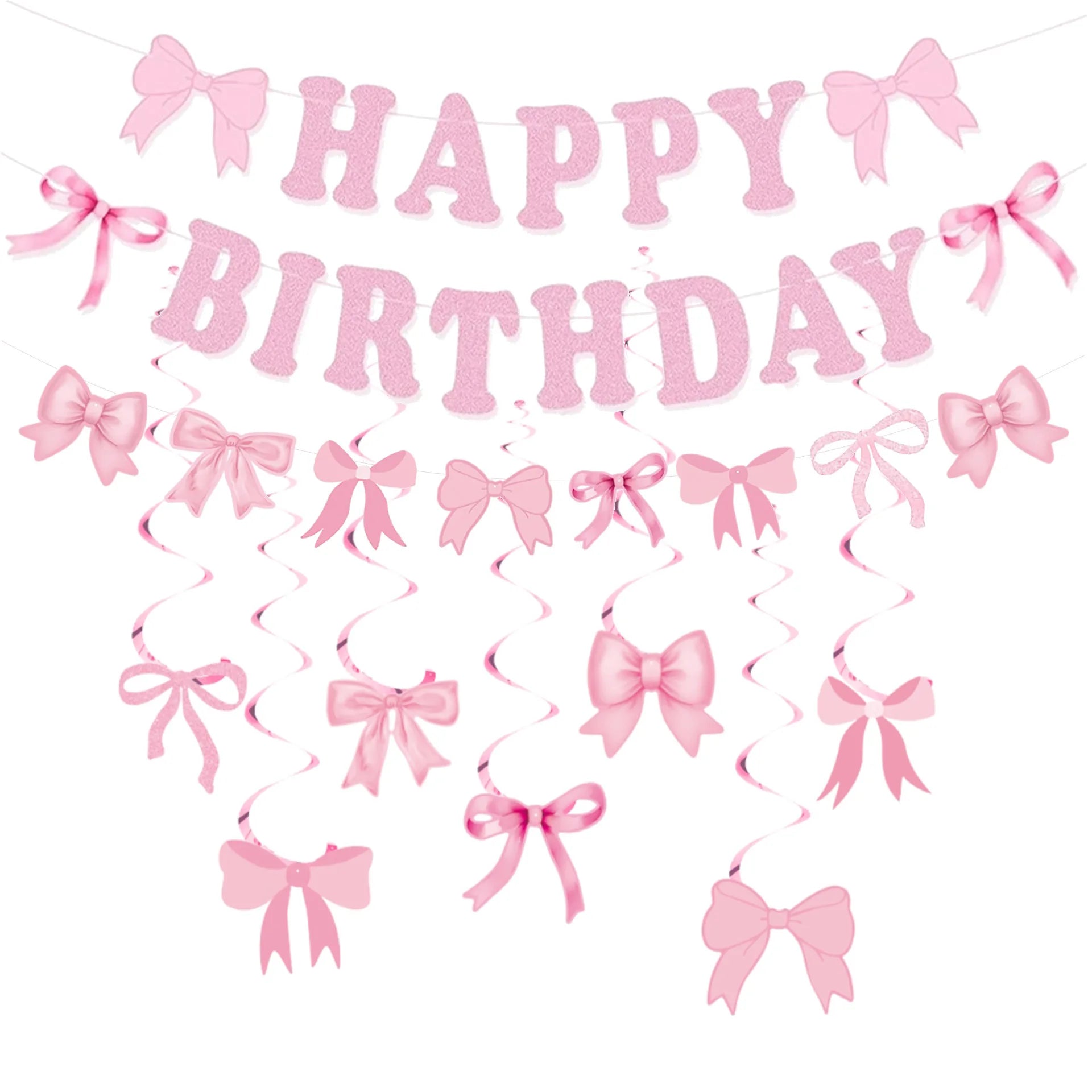 Bow Party Flag Decoration Set Pink/Blue/Black Bow Happy Birthday Banner Party Decor Bow Spiral Hanging Decor Scene Decor Props Qme Pink