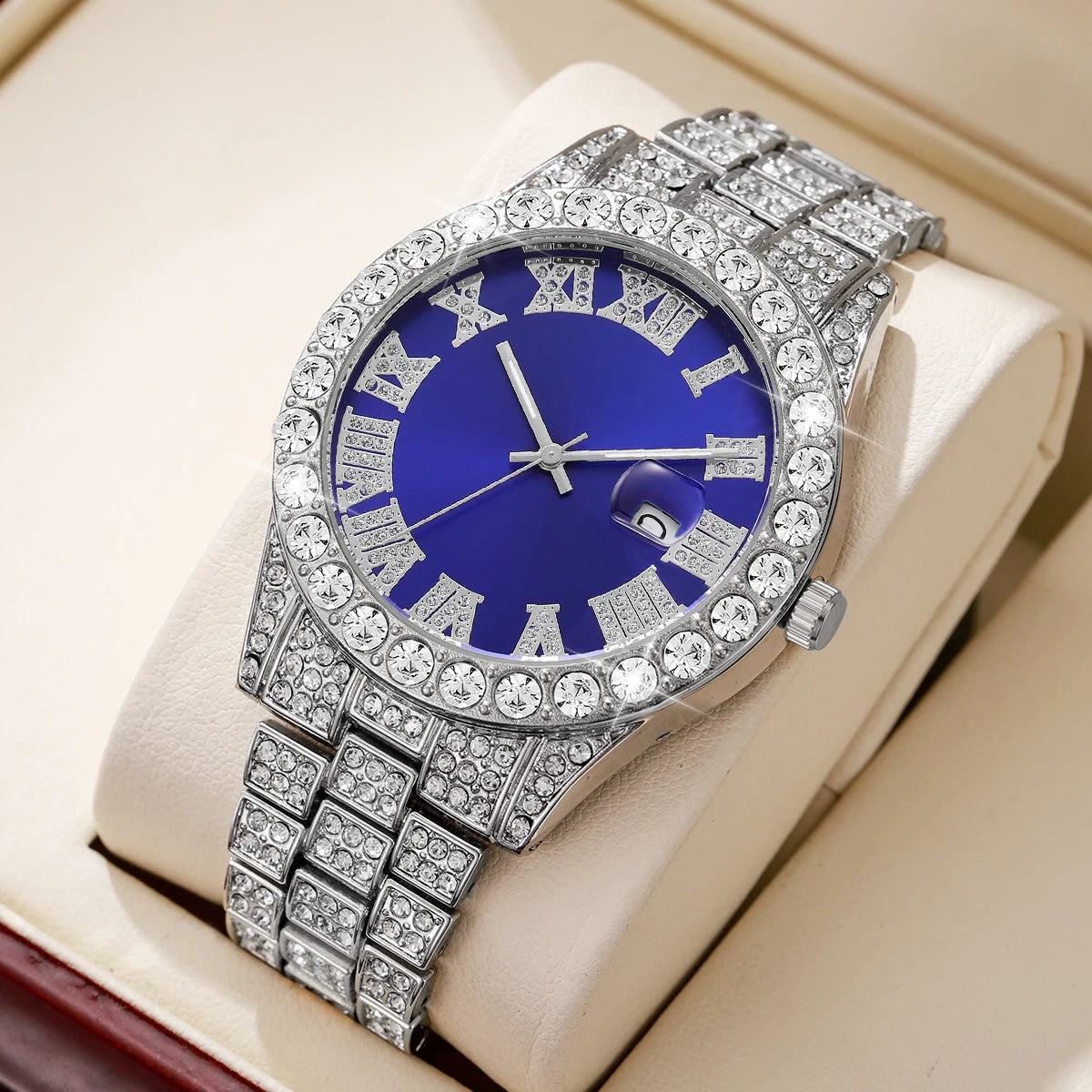 Men's Steel Band Quartz Watch Hip-Hop Business Steel Band Calendar Full Diamond Men's Watch Qme Silver Blue No Box