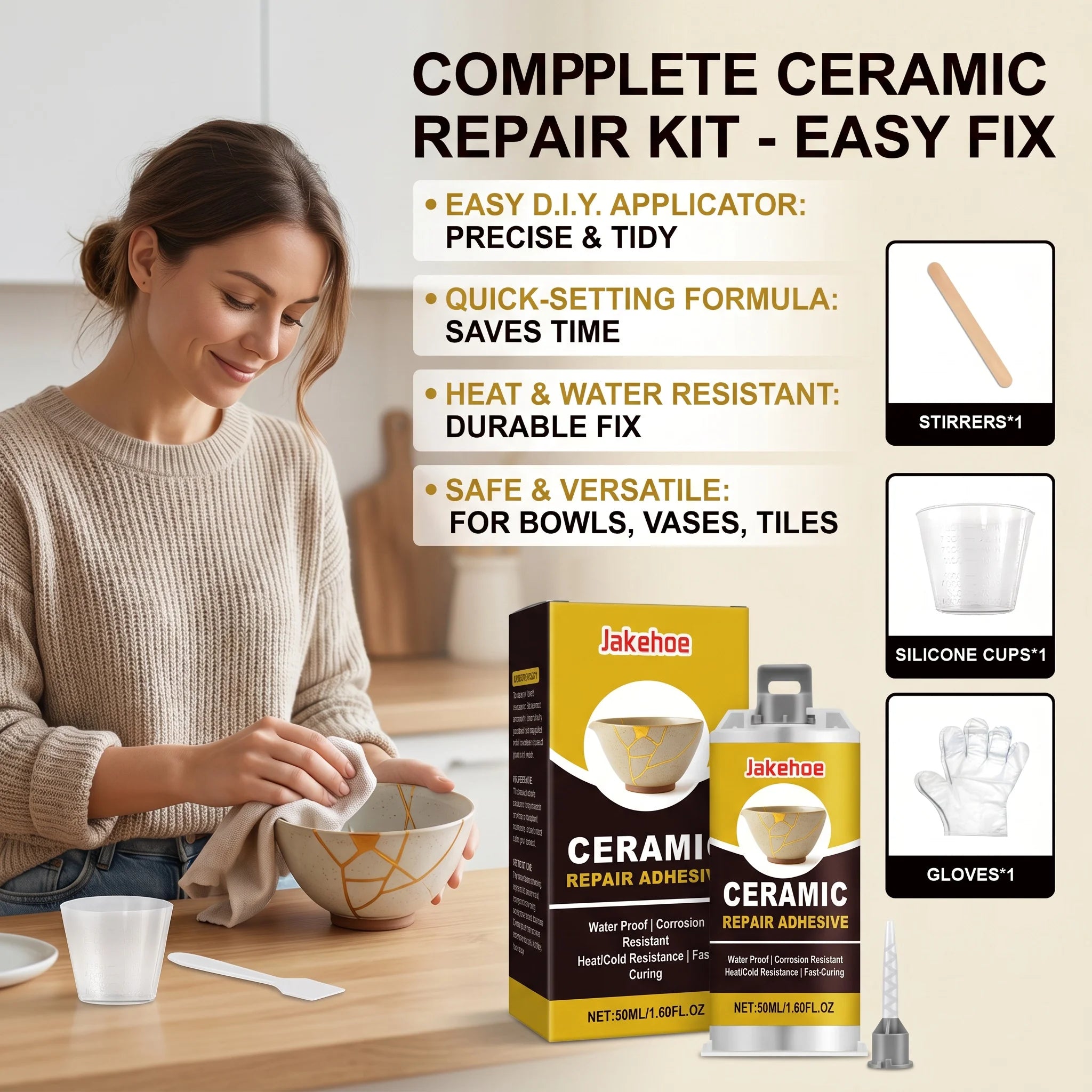 Ceramic Repair Adhesive Kit Repair Ceramic Glass Beautify Cracks Heat & Cold Resistant Fast Curing Waterproof Crack Repair Glue Qme