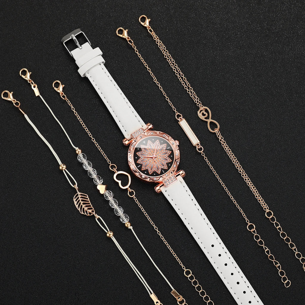 6PCS/Set Women's Watch Fashion Rhinestone Flower Dial Quartz Watches Bracelets Set（Without Box） Qme