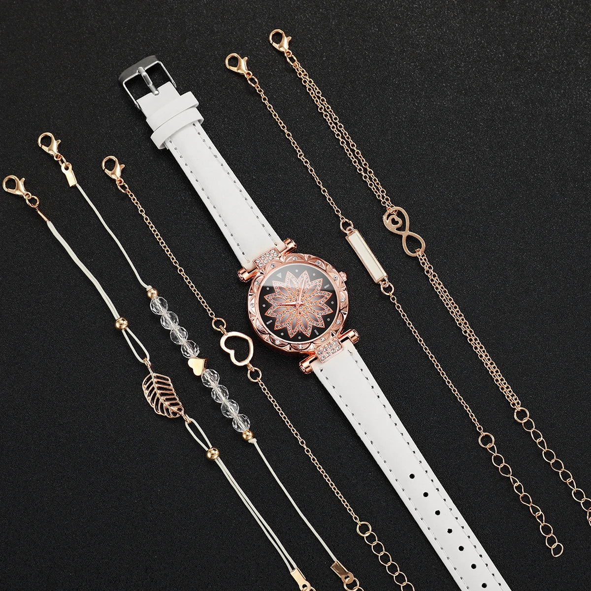 6PCS/Set Women's Watch Fashion Rhinestone Flower Dial Quartz Watches Bracelets Set（Without Box） Qme