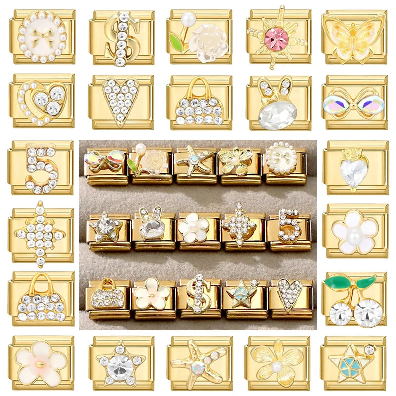 New Women Gems Flower Dollar Heart Star Girl Italian Charm Bracelet Link 9mm Stainless Steel Jewelry DIY Wholesale Drop Shipping Qme