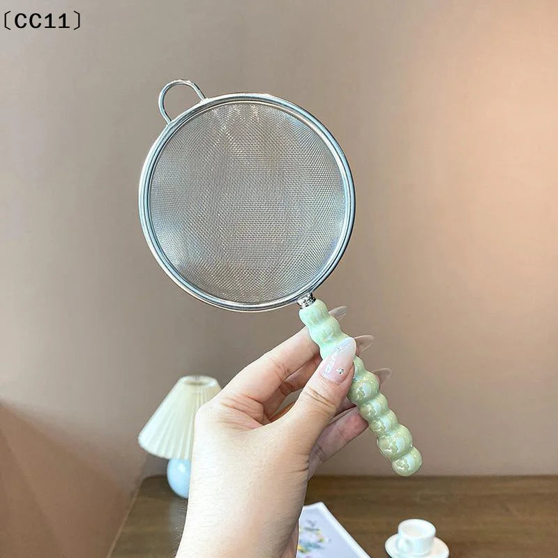 Tea Strainer Pearl Ceramic Handle Stainless Steel Fine Leak Mesh Qme