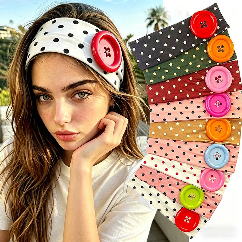 2026 Y2K Big Button Elastic Headband Sweet Cute Polka Dot Wide Yoga Hairband Dopamine Colorful Hair Accessories for Women Girls Qme